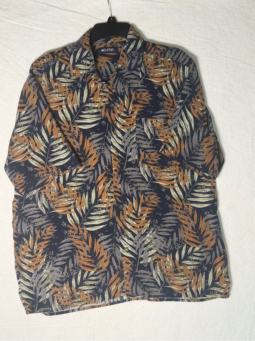 Puritan Navy Short-Sleeve Shirt Jacket with Tan & Cream Leaf Print M